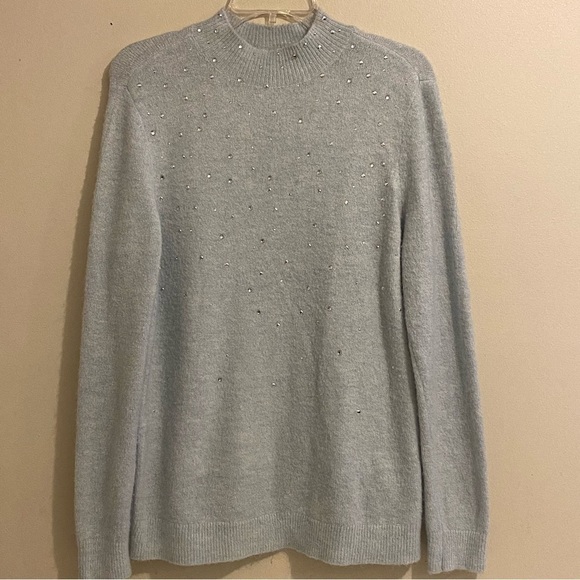 ELLE Women Boho Size L High Neck Studs Long Sleeve Light Blue Sweater - Picture 1 of 10
